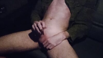 young military man jerks off his big cock in the car