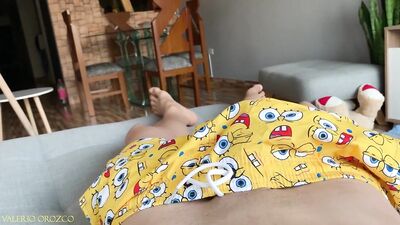 Sexy Latino Guy Masturbates on a Sofa while Wearing SpongeBob Pants and Provides an Engaging Point of View until He Cums
