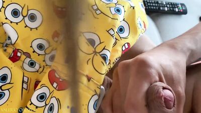 Sexy Latino Guy Masturbates on a Sofa while Wearing SpongeBob Pants and Provides an Engaging Point of View until He Cums