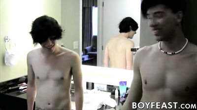 Thirsty young studs get their dicks sucked by strangers during a business trip