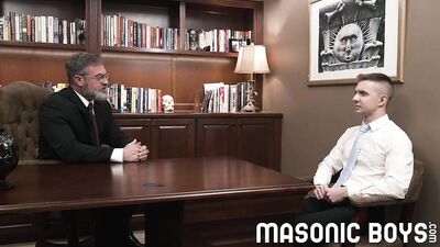 Clad in Suits, an Elderly Gentleman Takes on Two Cute Twink Apprentices in their First Anal Experience