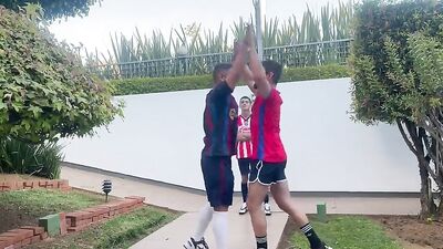 Three soccer players have a sexual encounter.