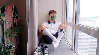 Boy in school uniform masturbates and cums by the window