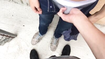 2 twinks wanking in public and cumming at each other