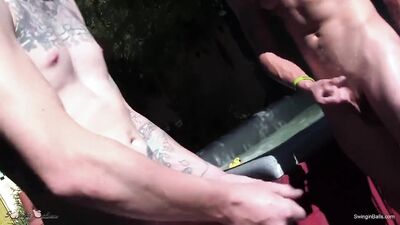 College straight guys jerk off in a hot tub showing off their low hangers