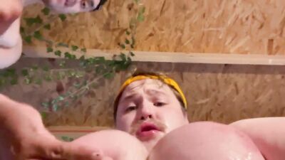 Big titty guy get tits sucked on by bros and slapped by big dicks