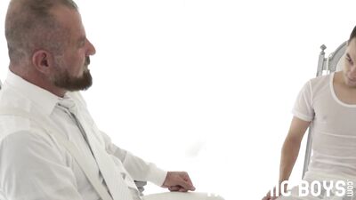 The smooth virgin boy is unsure but hot DILF seduces him