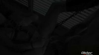 Young stud ravages senior citizen on a leather harness in fierce bondage scene!