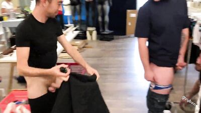 The Velvet-Covered Gay Sandwich - A Threesome of Hairy Man Caught in a Mens Fashion Store